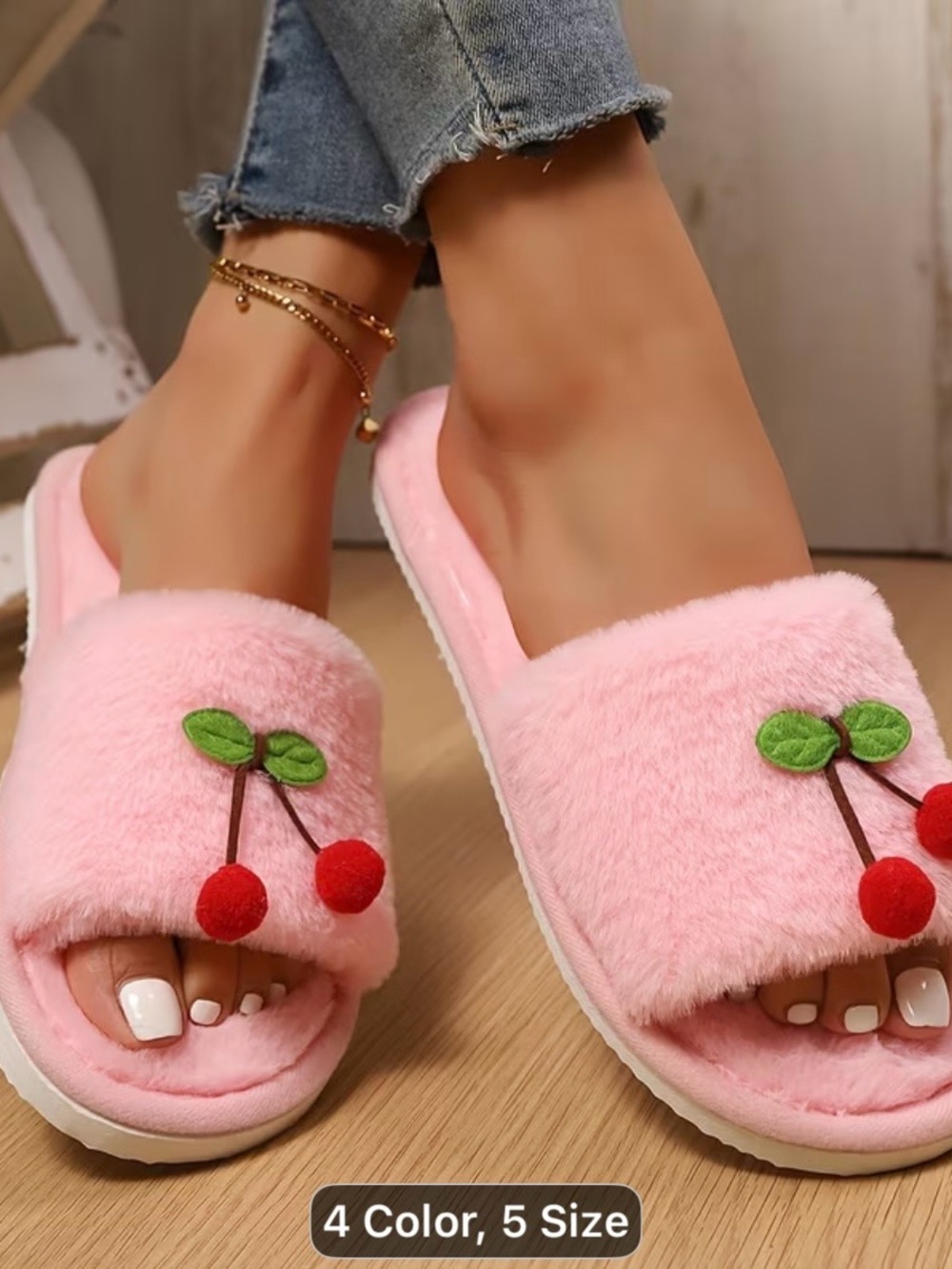Cozy Pink Cherry Plush Slide Slippers - Women’s Size 7.5-8 - Picture 3 of 3